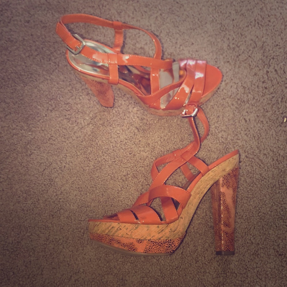 Burnt orange patent leather platform sandal